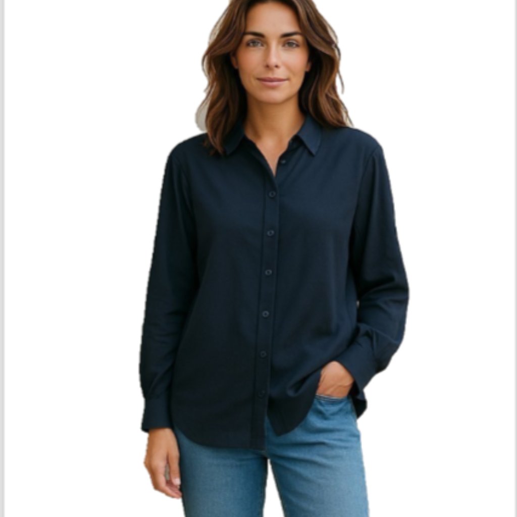 Denim & Co Women Shirt Sz L Black Button Up Long Sleeve Collared Lightweight Euc